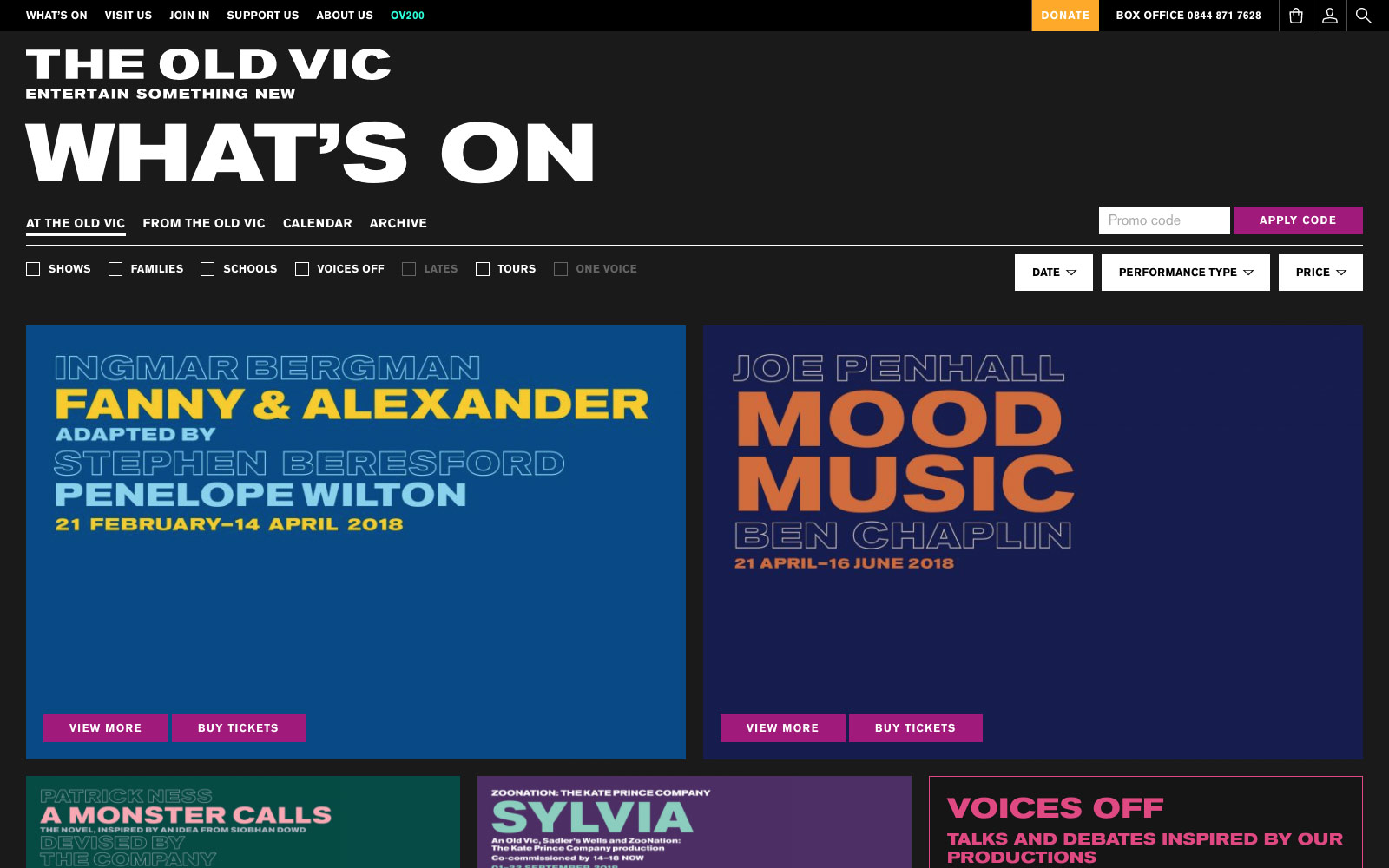 The Old Vic website What's On page